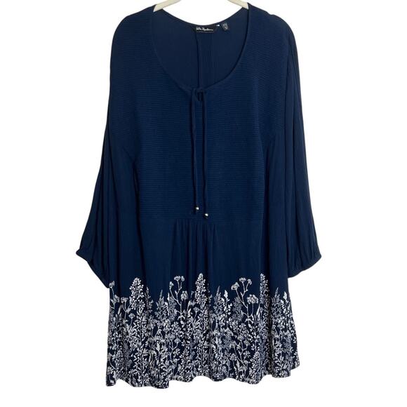 Ulla Popken Womens Tunic 20/22 Navy Floral Boho Peasant 3/4 Sleeve Viscose - Picture 1 of 9